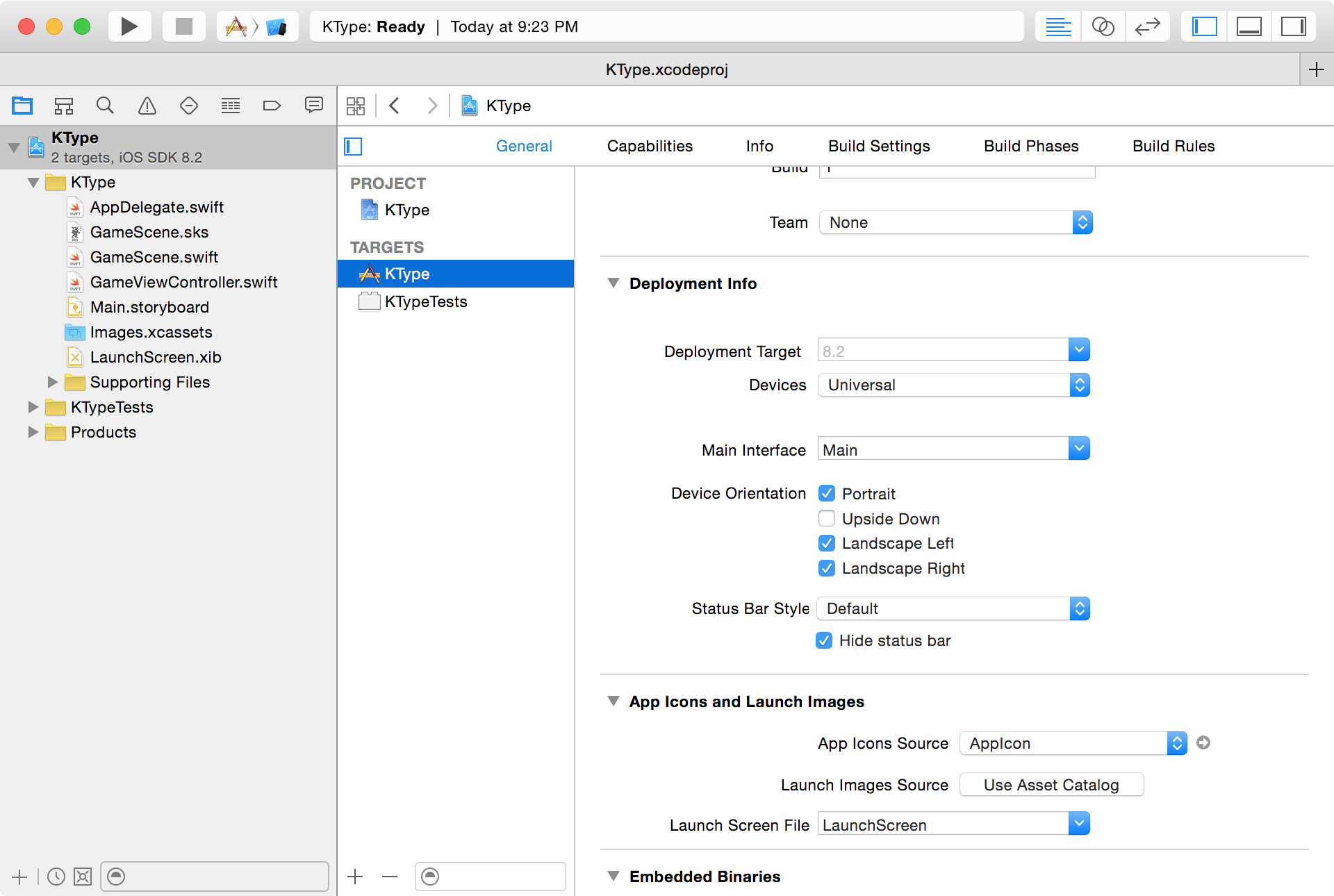 Xcode build target general settings screen.