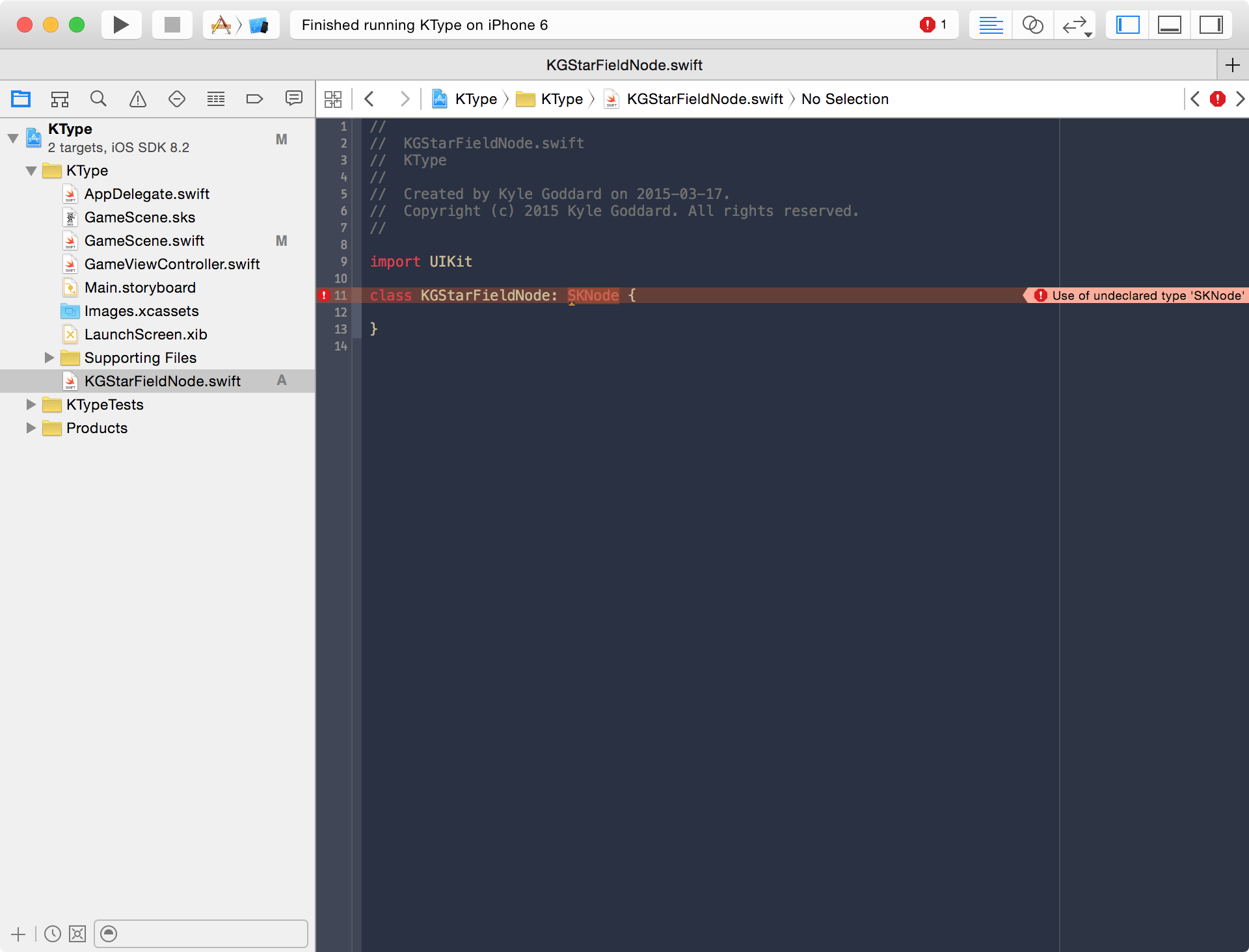 Xcode editor showing compiler error